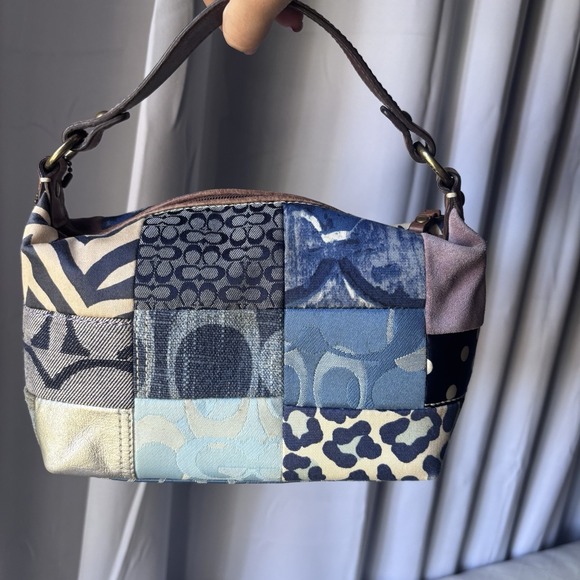 Vtg Coach Patchwork Denim Blue Brown Multicolor Shoulder Bag Leather Handle - Picture 2 of 7